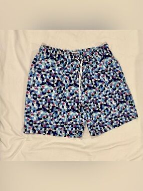 Blue Geometric Swim Trunks with Pink Flamingo Accents